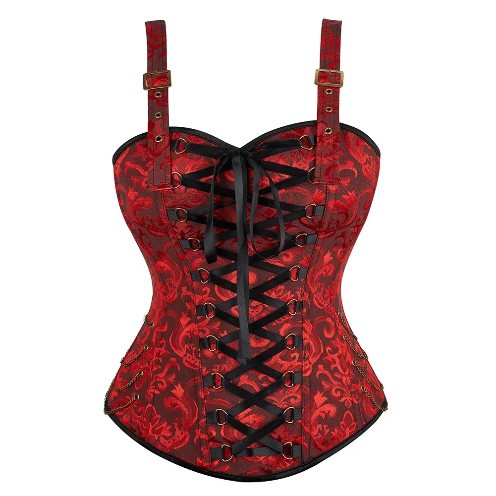 

Steampunk Corset with Straps Vintage Red Jacquard Lace Up Camisole Bustier Vest Women Gothic Zipper Body Shaper Lingerie Camis