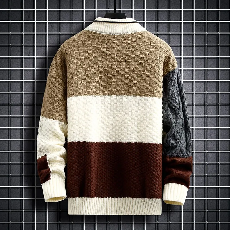 Fashion Mens Warm Knitted Sweaters Patchwork O Neck Knit Pullovers Autumn Winter Korean Streetwear Pullover Casual Mens Clothing