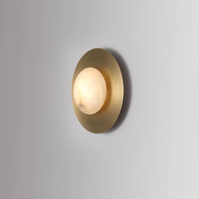 American Brass Wall Lamp Natural dolomite Lights Living Room Sofa Bedside Marble Stone Wall Sconce，Indoor Round Decor Lighting