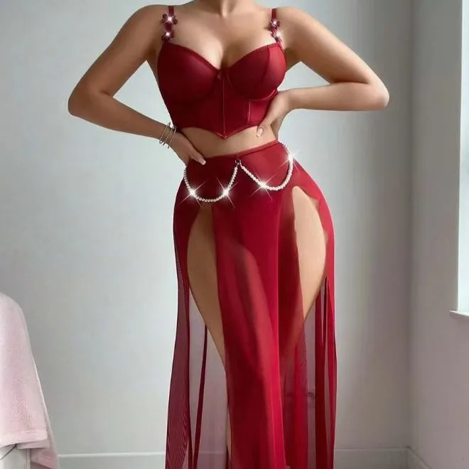 

Новое европейское и американское сексуальное нижнее белье 2025 года, сетчатая ночная рубашка с разрезом на подтяжках, сексуальное горячее нижнее белье, пижамы