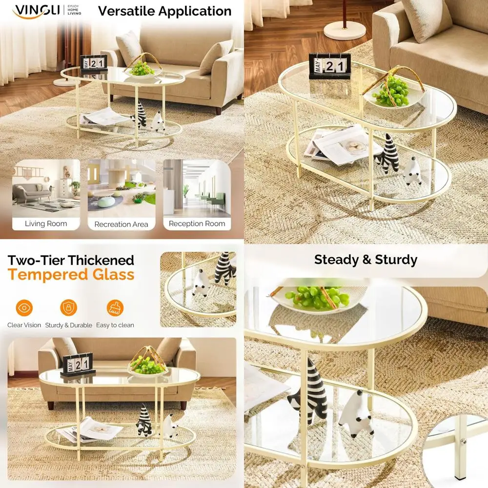 

Овальный стеклянный журнальный столик с 2-уровневым хранением для гостиной, для небольших помещений, бежевый