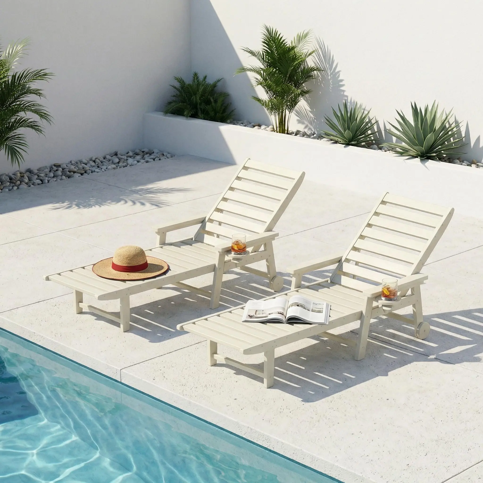 5-Position Adjustable Lounge Chair Outdoor Set of 2, HDPE Outdoor Chaise Lounge with Cup Holder & Wheels, Pool Lounge