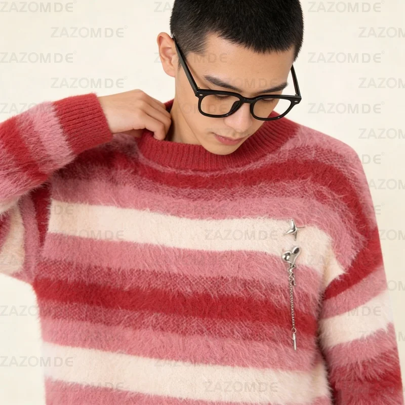

ZAZOMDE Classic Red And White Stripe Round Neck Sweater Unisex Design Soft Knit Fabric Casual Comfort Fit For Daily Wear 2505