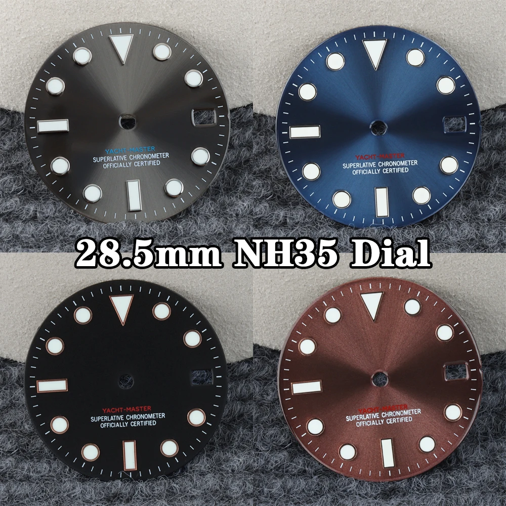 Gray nh35 Dial 28.5MM For YACHT-MASTER Dial Blue Luminous For nh35 nh36 Movment NH35 Watch Face Watch Modification Accessories