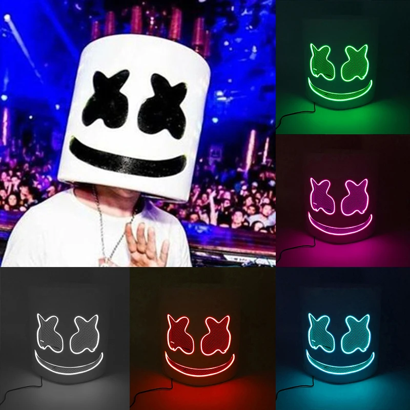 Venda quente capa de cabeça luminosa led light up dj marshmello cosplay chapelaria brilhante para néon night club música rave adereços