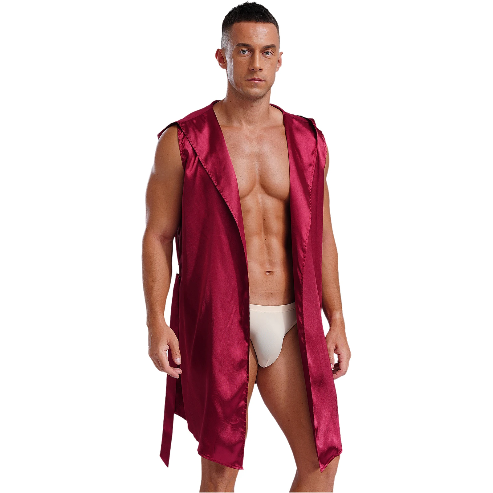 Mens Satiny Hooded Pajama Robe with Belt Sleeveless Open Front Lace Up Sleepwear Loungerwear Sissy Bathroom Sauna Robe Homewear