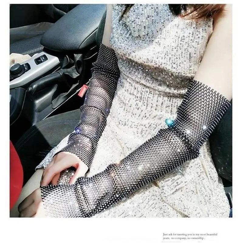 Schwarz Sommer Frauen Mädchen Mesh Ärmelschonern Glänzende Strass Dünne Langarm Atmungs Club Musik Party Arm Handschuh ST406