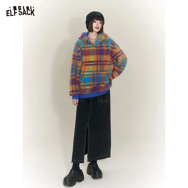 ELFSACK Colorful Fleece Hoodies Women 2023 Winter New Plus Size Fashion Sweatshirt