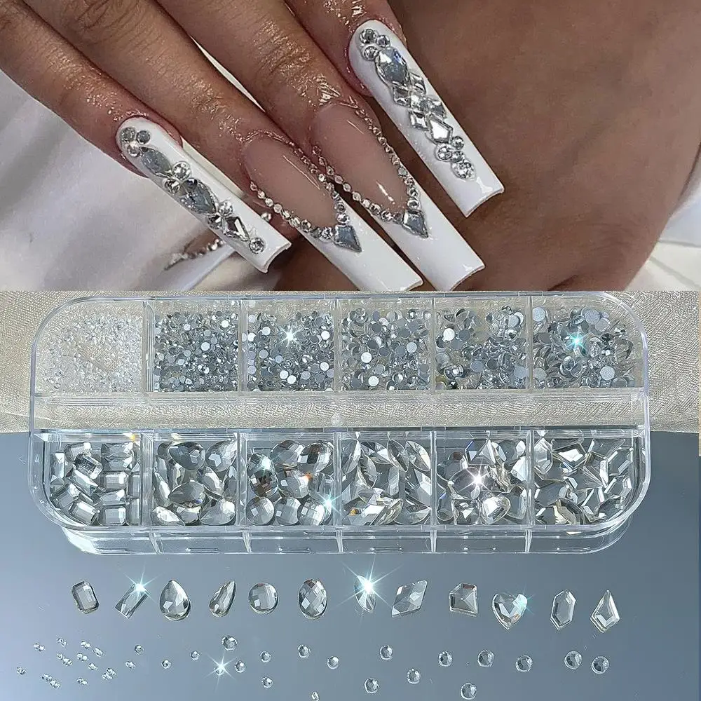 12グリッド3Dサファイアブルーガラスネイルアートラインストーンミックスシェイプフラットバックダイヤモンドネイルデコレーションスパークリングマニキュアジェムストーン