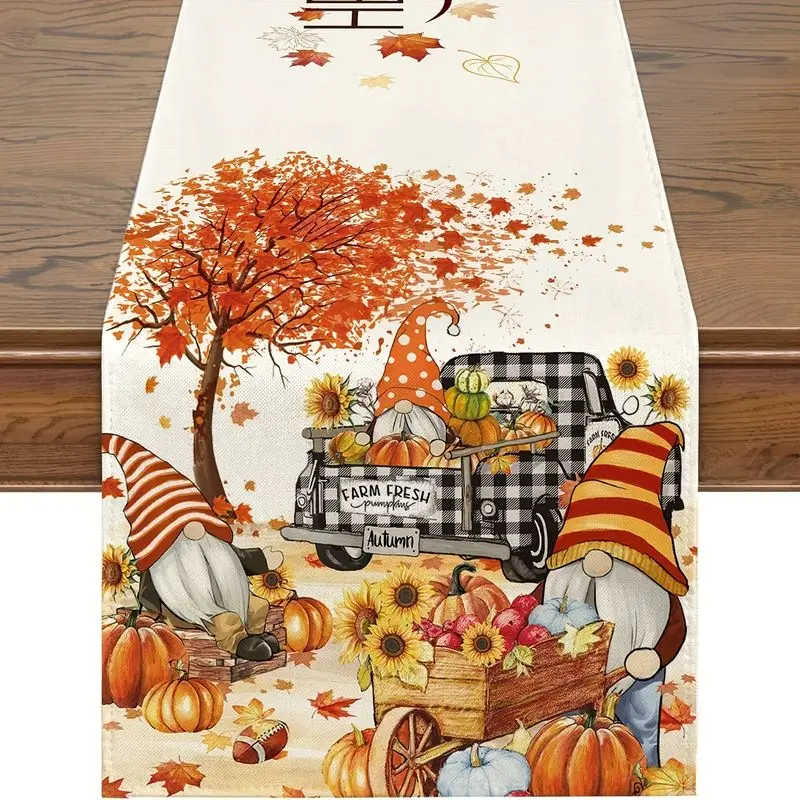 VIKAMA Thanksgiving Harvest Table Runner Gnome Pumpkin Sunflower Plaid Truck Pattern Table Cover Home Party Decoration