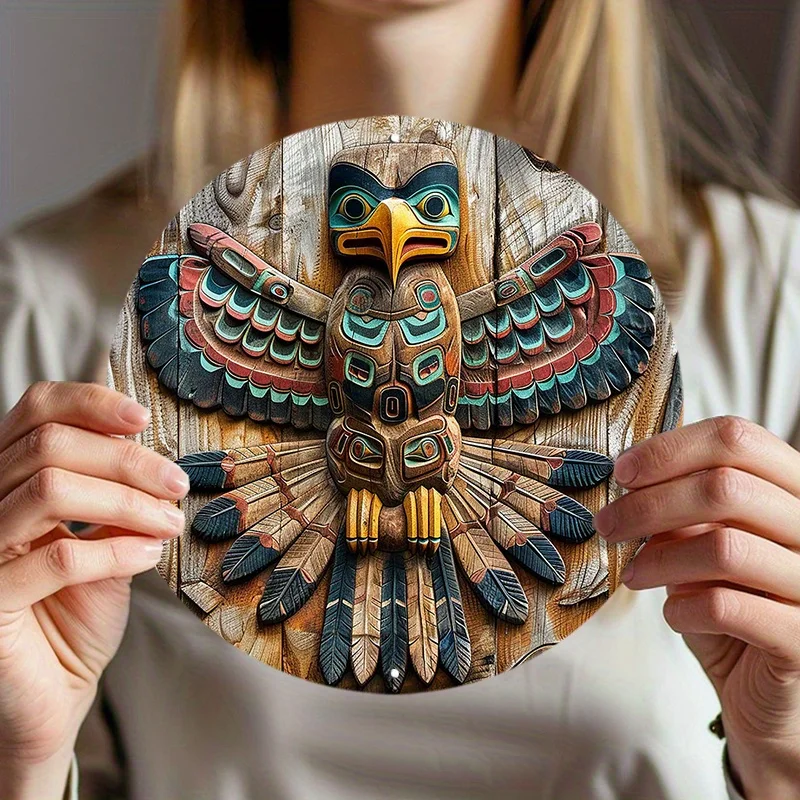 Native American Totem Pole Round Aluminum Wall Art, Waterproof High Definition Metal Sign with Pre-Drilled Holes for Easy Instal
