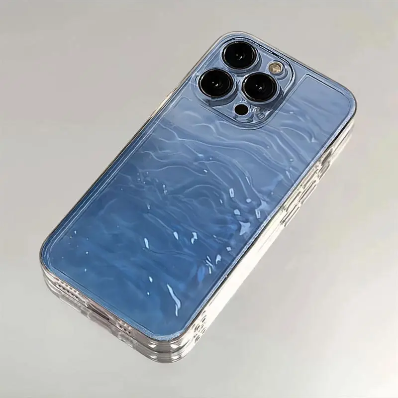 透明な漫画の青い水模様のiPhone 16 15 14 13 12 11 PROMAX XS XR 7 8 Plus用耐衝撃スマホケースカバー