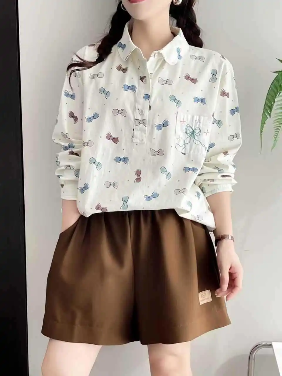 Spring New Japan Style Kawaii Cartoon Printed Cotton Shirts Women Mori Girl Turn Down Collar Casual Loose Blouse Tops