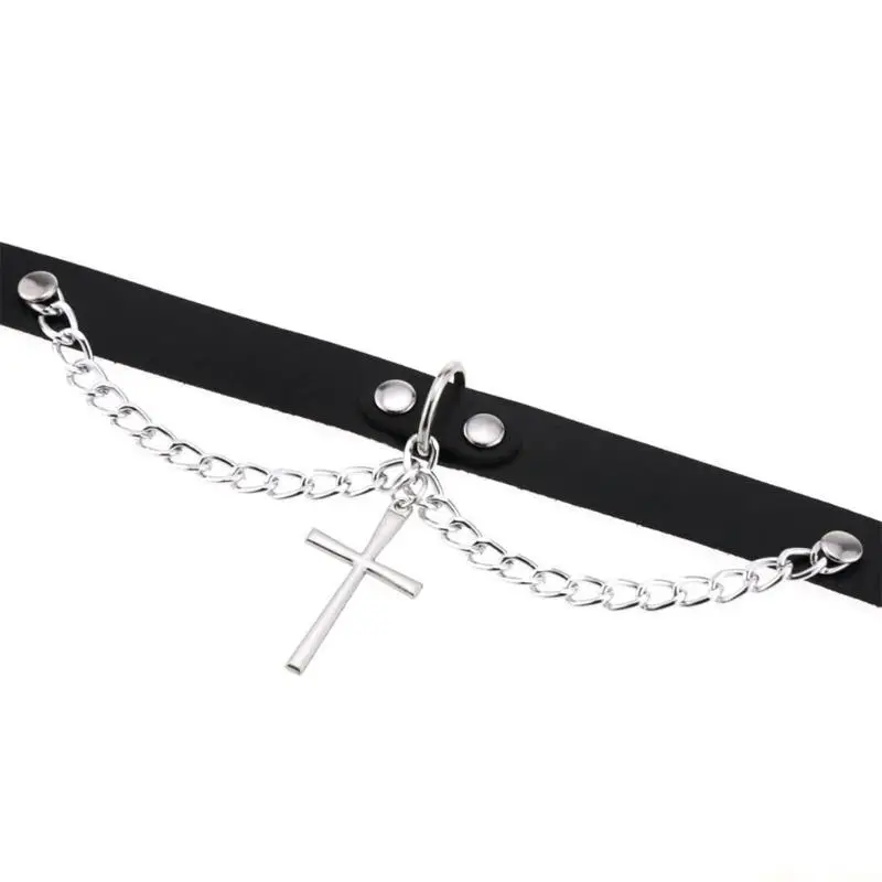 31BF Einstellbare Gothic Leder Halsband Kragen Halskette Punk Schlüsselbein Kette Halskette Kreuz Anhänger Halsband Halskette