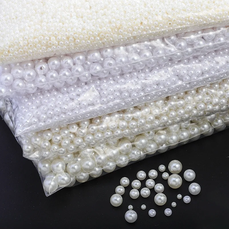 3-30mmWhite Beige Round ABS Imitation Pearl Spacer Loose Beads Jewelry Making Craft Garment Clothes Headwear Bag Hat Decoration