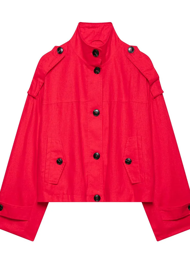 HH Women Summer Spring Y2K Edgy Red Military Style Jacket Spring Stand Collar Epaulet Black Button Cropped Lightweight Outerwear