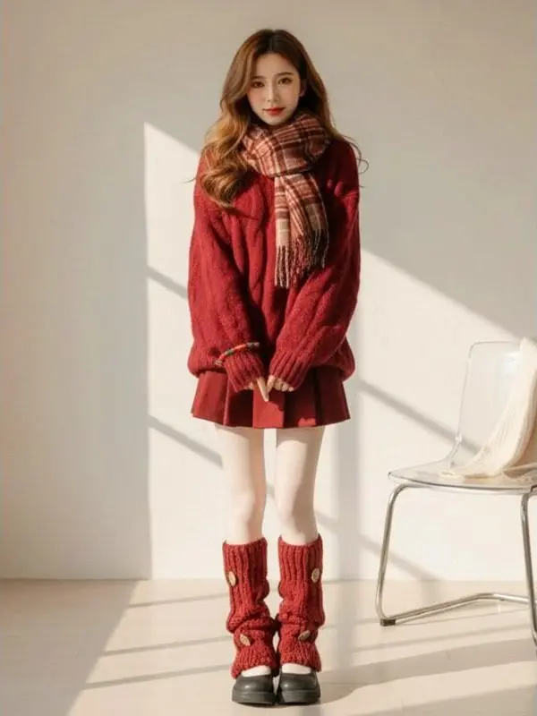 Cisas ensemble pull tricoté avec jupe à bretelles en ruban automne hiver minceur couleur rouge fille Faion usage quotidien deux tartes...