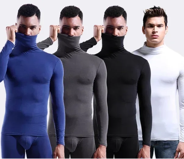 Modal Men's High Neck and Lapel Thermal Underwear Autumn and Winter Long Sleeved Base Shirt, Single Piece Slim Fit Thin Top