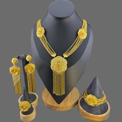 Dubai Creative Necklace Bracelet for Women Long Earrings Flower Ring Fashion Jewelry Sets Elegant Bridal Wedding Accessories