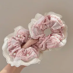 Korea Sweet Pink Girls Bow Pearl Scrunchie Headdress for Women 2024 Fashion Ribbon Lace Princess Exquisite Hair Band Accessories