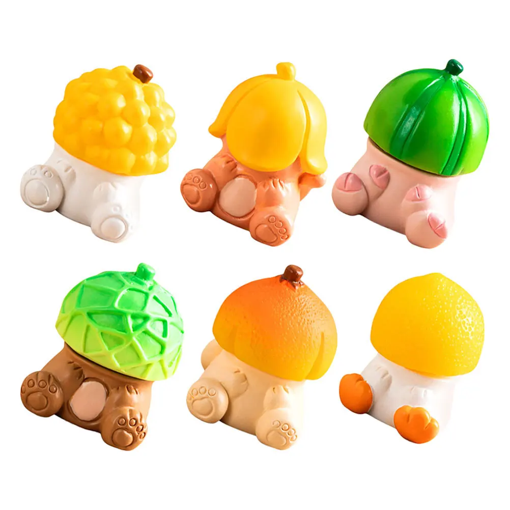 

6pcs Fruit Hat Ornaments Mini Resin Animals Handcrafted Animal Figurines For Fairy Garden Decor Mushroom Party Cake Topper