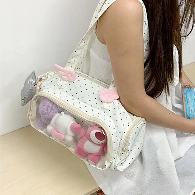 Angel Wings Ita-Tasche mit transparentem Sichtfenster, Damen-Umhängetasche im japanischen Stil, vielseitige Polka-Dot-Handtasche für den täglichen Pendelverkehr – Detail 25