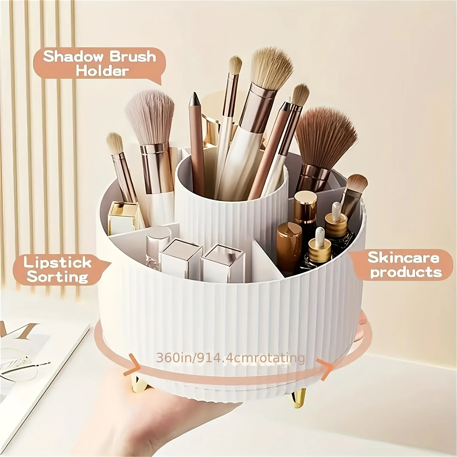 360 °   Organisateur de maquillage rotatif - 1 boîte de rangement de cosmétiques en plastique avec 5 compartiments - Support multifonctionnel pour pinceaux, rouges à lèvres, soins de la peau et papeterie - Organisateur de bureau durable et sans odeur, design luxueux à rayures