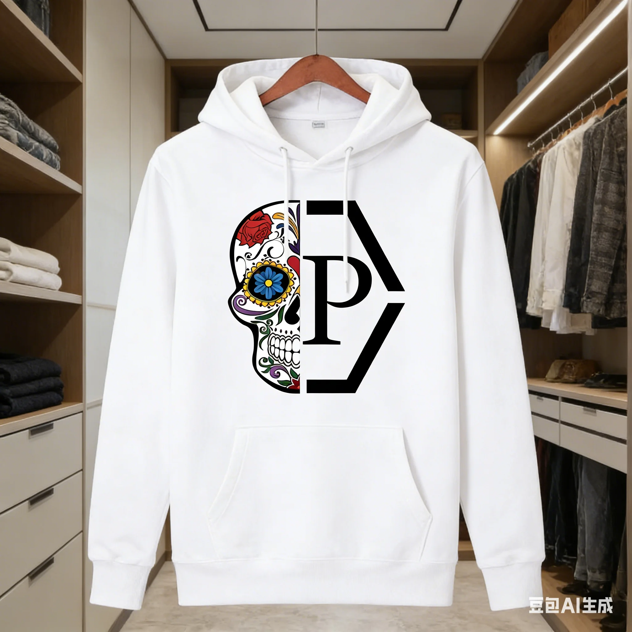 

Классическая и модная брендовая толстовка с принтом получерепа, новая свободная толстовка из чистого хлопка для мужчин и женщин 2026 года.