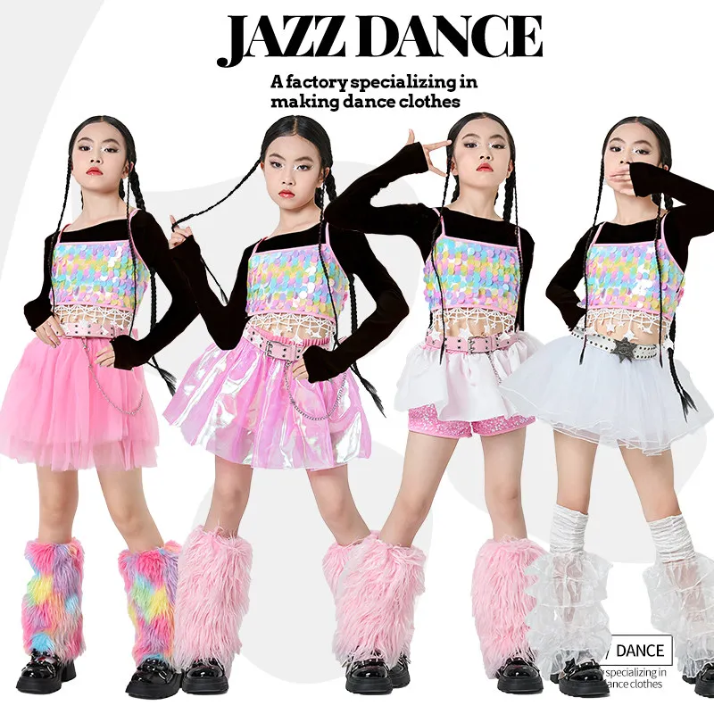 

Новинка 2026 года, детские танцевальные костюмы в стиле хип-хоп для девочек, групповые костюмы с блестками, Kpop, уличная одежда, одежда для джазовых танцев, XH4028