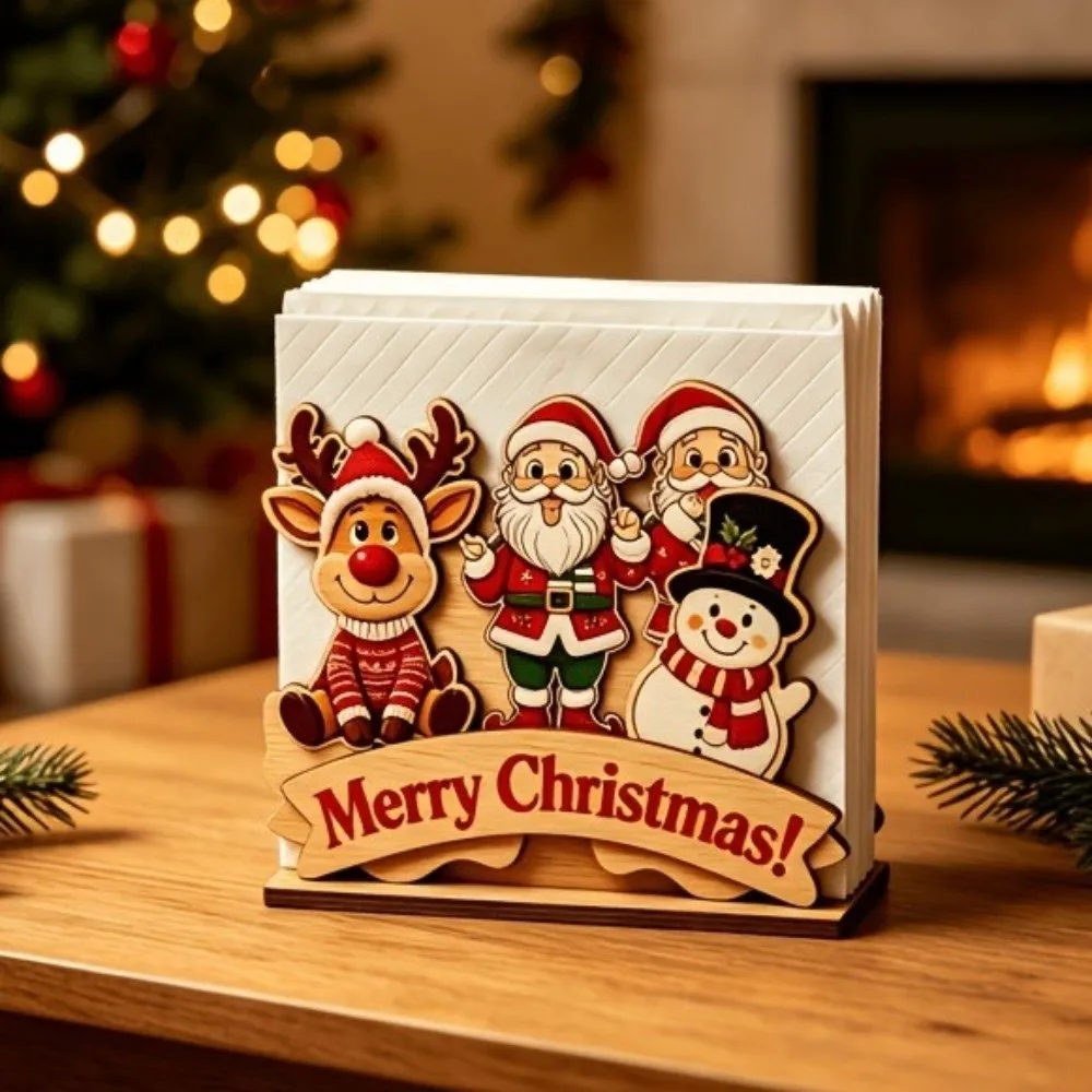 Wooden Christmas Napkin Holder 2D Flat Angels Design Santa Claus Tissue Dispenser Christmas Nativity Scene Pattern