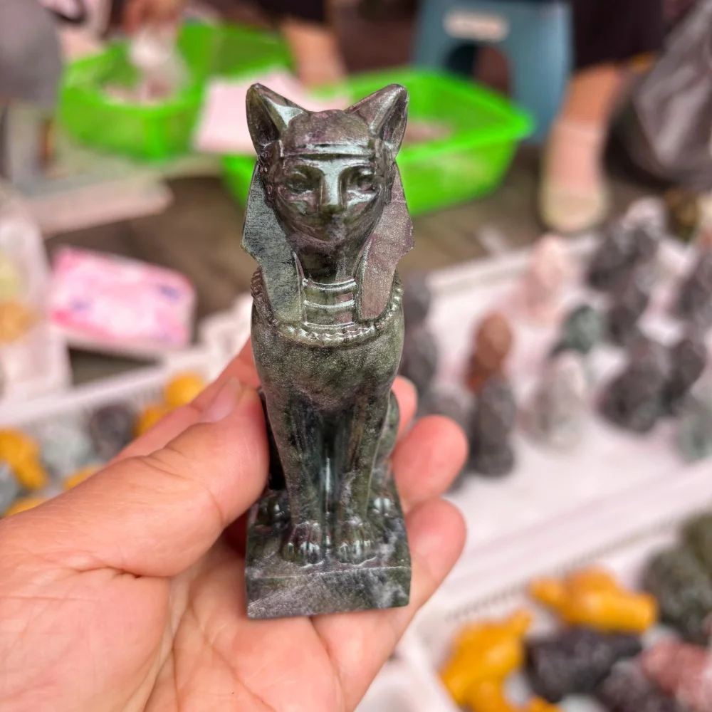 Natural Garnet Quartz Egyptian Bastet Goddess Statue Polished Reiki Healing Fengshui Energy Room Decor High-Quality Gift