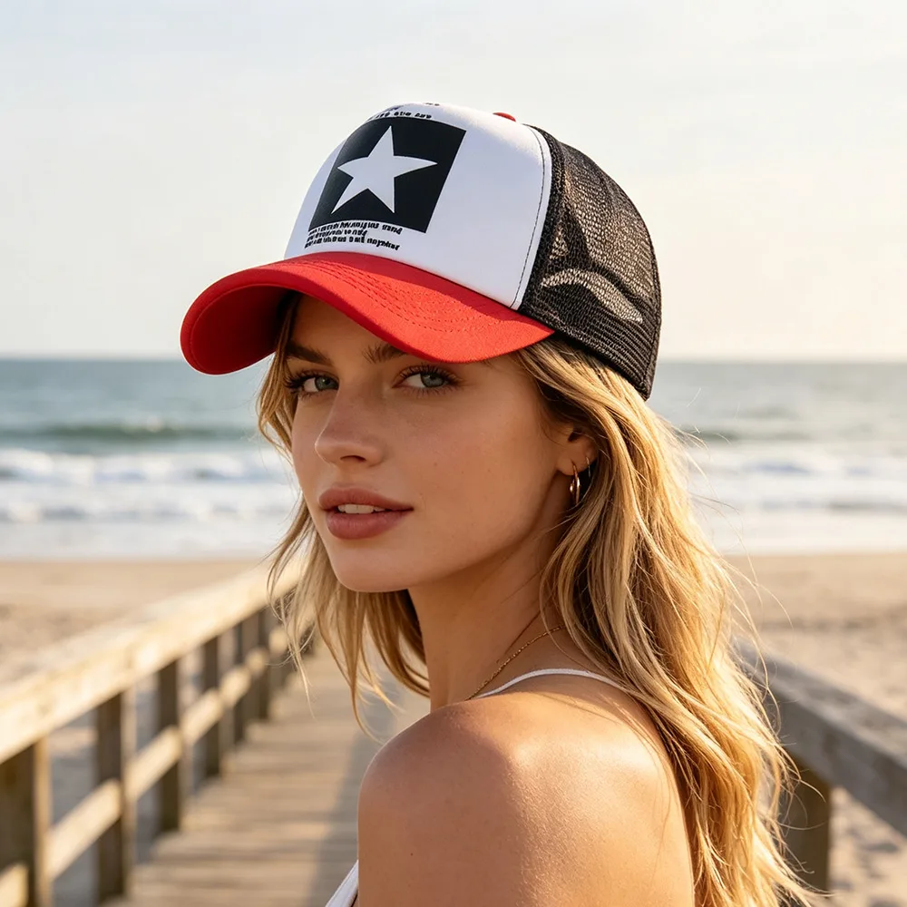 Unisex Star Graphic Mesh Back Trucker Hat Lightweight Foam Front Curved Brim Adjustable Summer Street Baseball Cap Mesh Trucker