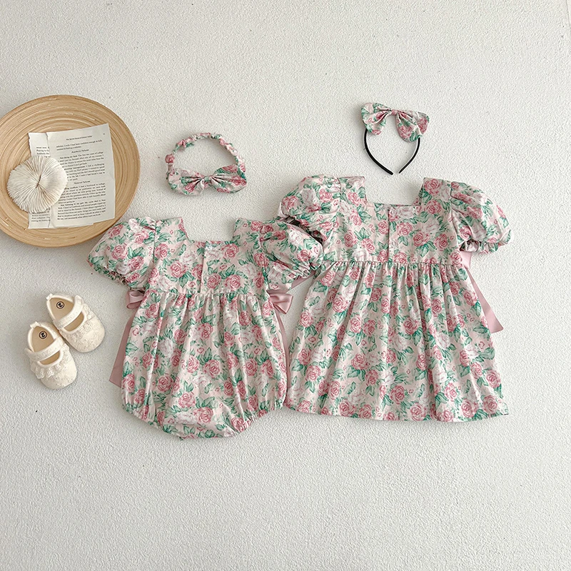 Korean Style Baby Girls Floral Romper+Hair 2pcs Band Kids Girls Short Sleeves Dress Child Baby Girls Summer Sister Clothing