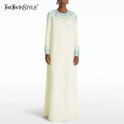 TWOTWINSTYLE Solid Spliced Diamonds Slimming Dresses for Women O Neck Long Sleeve Temperament Dress Female New