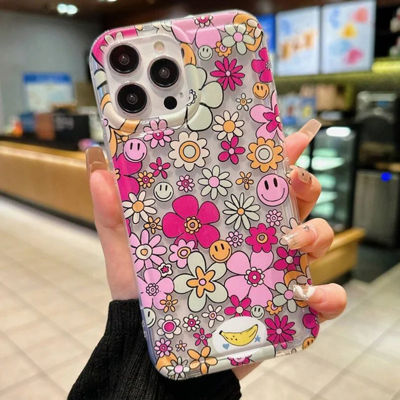 

Pink Flower Patterned Shockproof Phone Case For iPhone 14 13 11 12 15 16 Pro Max 7 8 Plus XR X XS Max Clear Air Cushion Cover