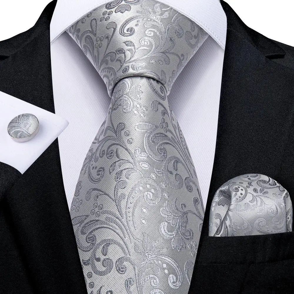 Hi-Tie Luxury Silver Novelty Men Tie Gravata Wedding Necktie For Men Hanky Cufflink Set Fashion Design BusinessDropshipping