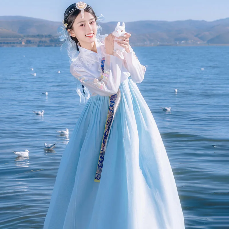 Hanbok-vestido tradicional de gasa azul para mujer, traje de corte coreano para boda, Kimono, ropa de las islas de Asia y el Pacífico, 2023