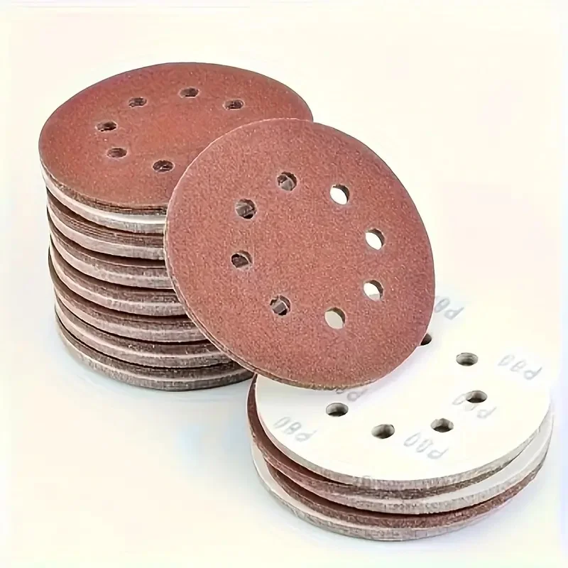 100Pcs 5inch round sandpaper, 8-hole sandpaper, suitable for track sander, durable! Frosted surface for smooth polishing