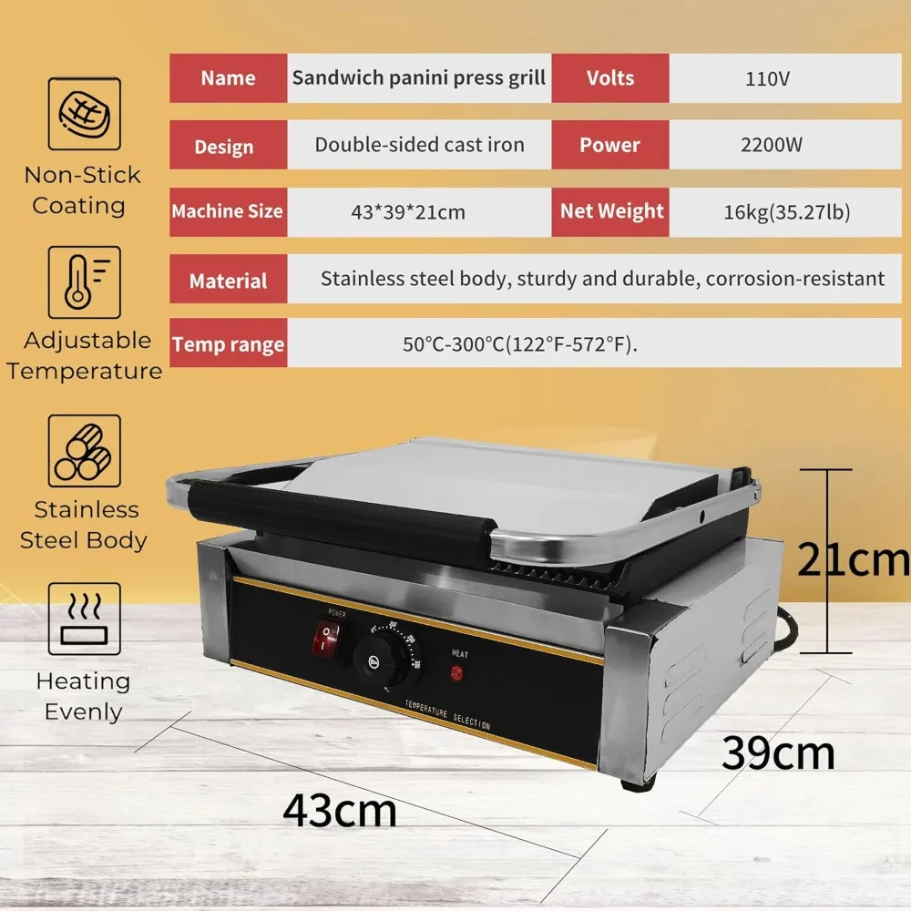 Commercial Panini Press Grill Flat 110V, Electric Stainless Steel Sandwich Panini Maker Non-stick 2200W, Temperature Control