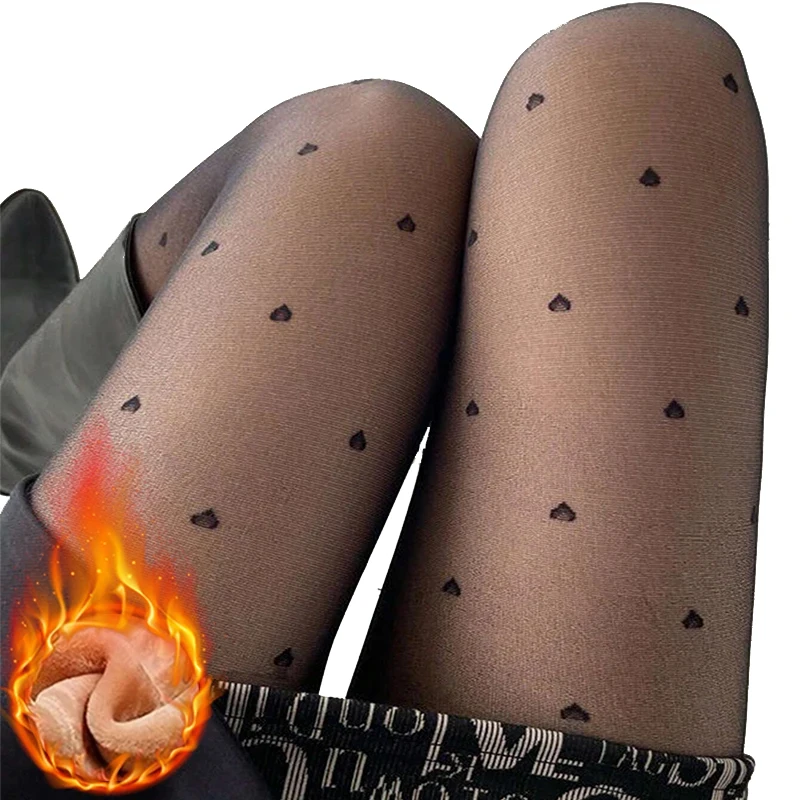 

Sexy Heart Print Leggings Women Fake Translucent Pantyhose Warm Thick Wool Sock Pants Dot Fleece Tights Stocking Female Hosiery