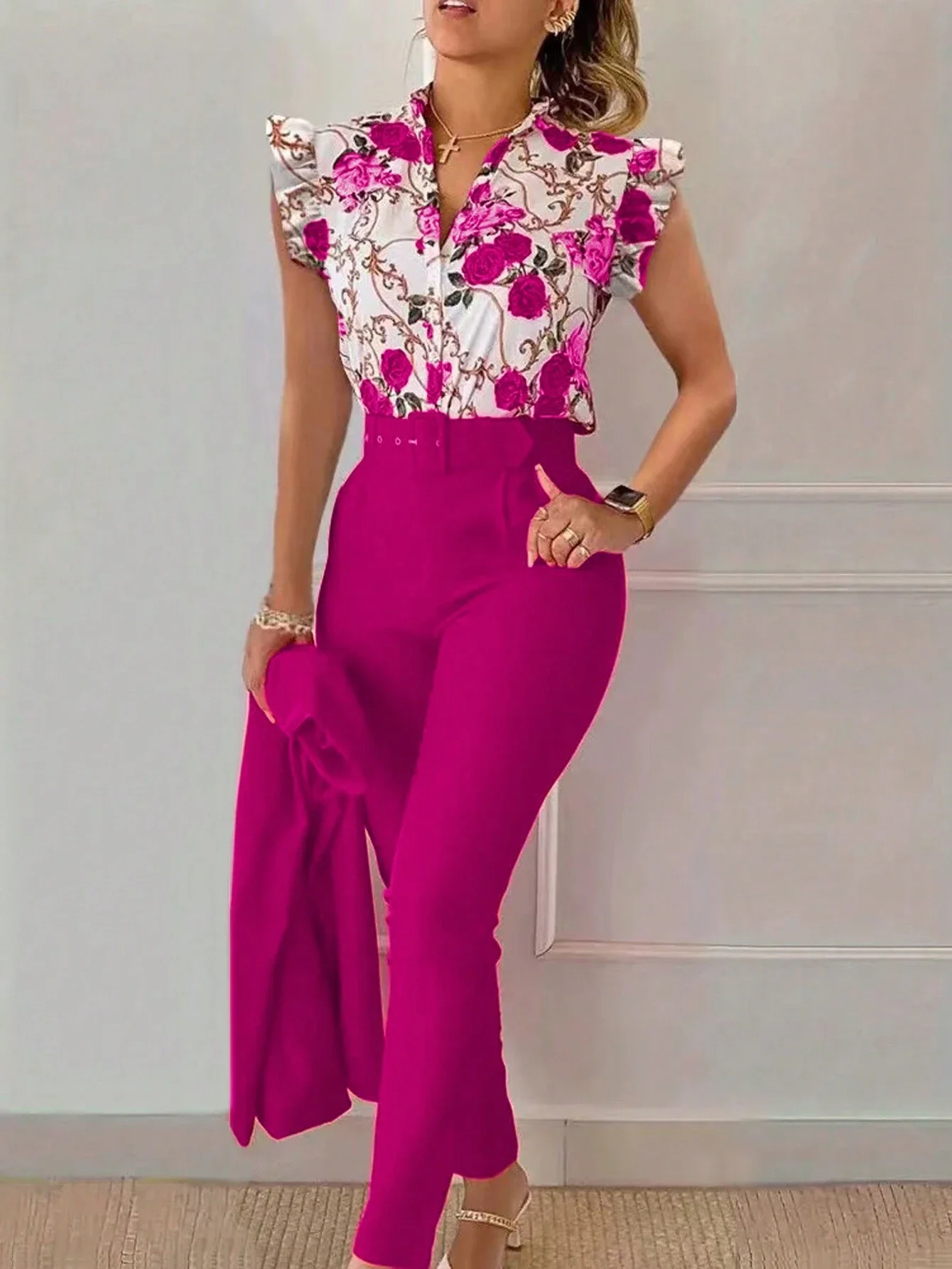 

Women Summer Casual Floral Cap Sleeve Blouse And Solid Color Pants Set