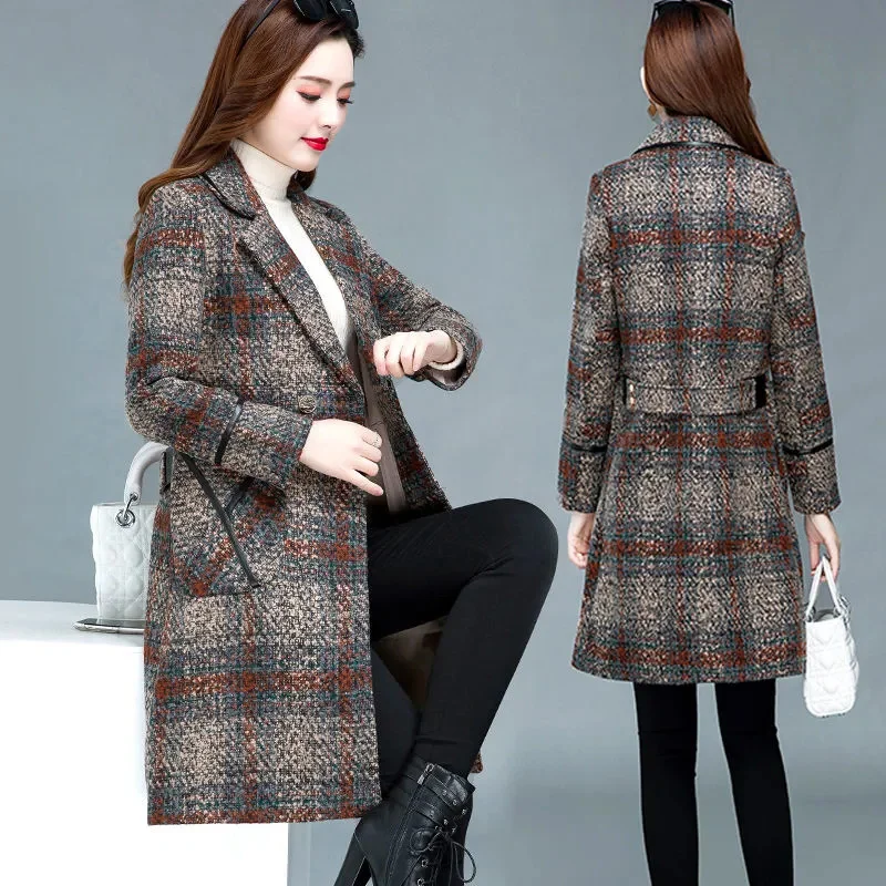 

Women Woolen Coat 2023 NEW Autumn Winter Plaid Long Wool Blend Overcoat Women Outwear Mother's Clothes Female Windbreakers Tops