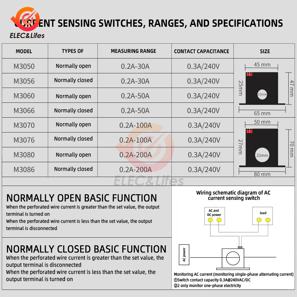 M3076 M3086 Current Detection Switch Induction Relay Switch Alarm Transformer Control Current Sensing Switch Detection Module