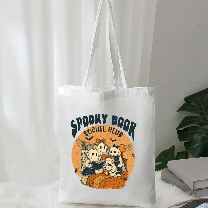 Cozy Halloween Gift Tote Bag, Spooky Book Club Ghost Family Design Shoulder Bag, Women Handbag with Cat & Coffee Lightweight Fun