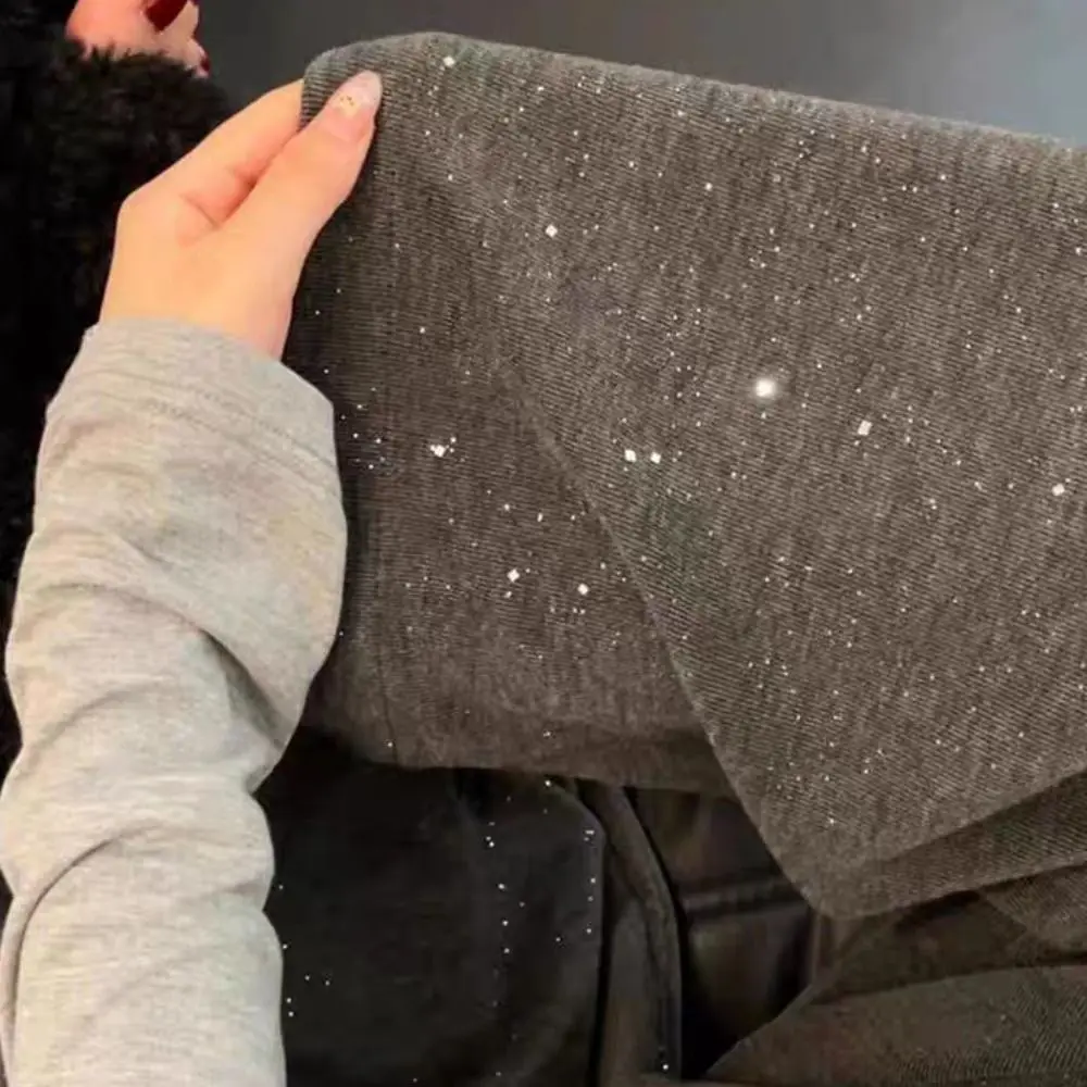 

Soft Solid Color Straight Leg Pants Sequin Loose Women Casual Pants High Waist Drawstring Knitted Long Pants Outdoor