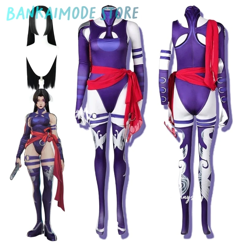Mv Rivals Psylocke Sai Cosplay fantasía disfraz peluca guantes mono calcetines disfraz para mujeres adulto Halloween traje de fiesta de Carnaval