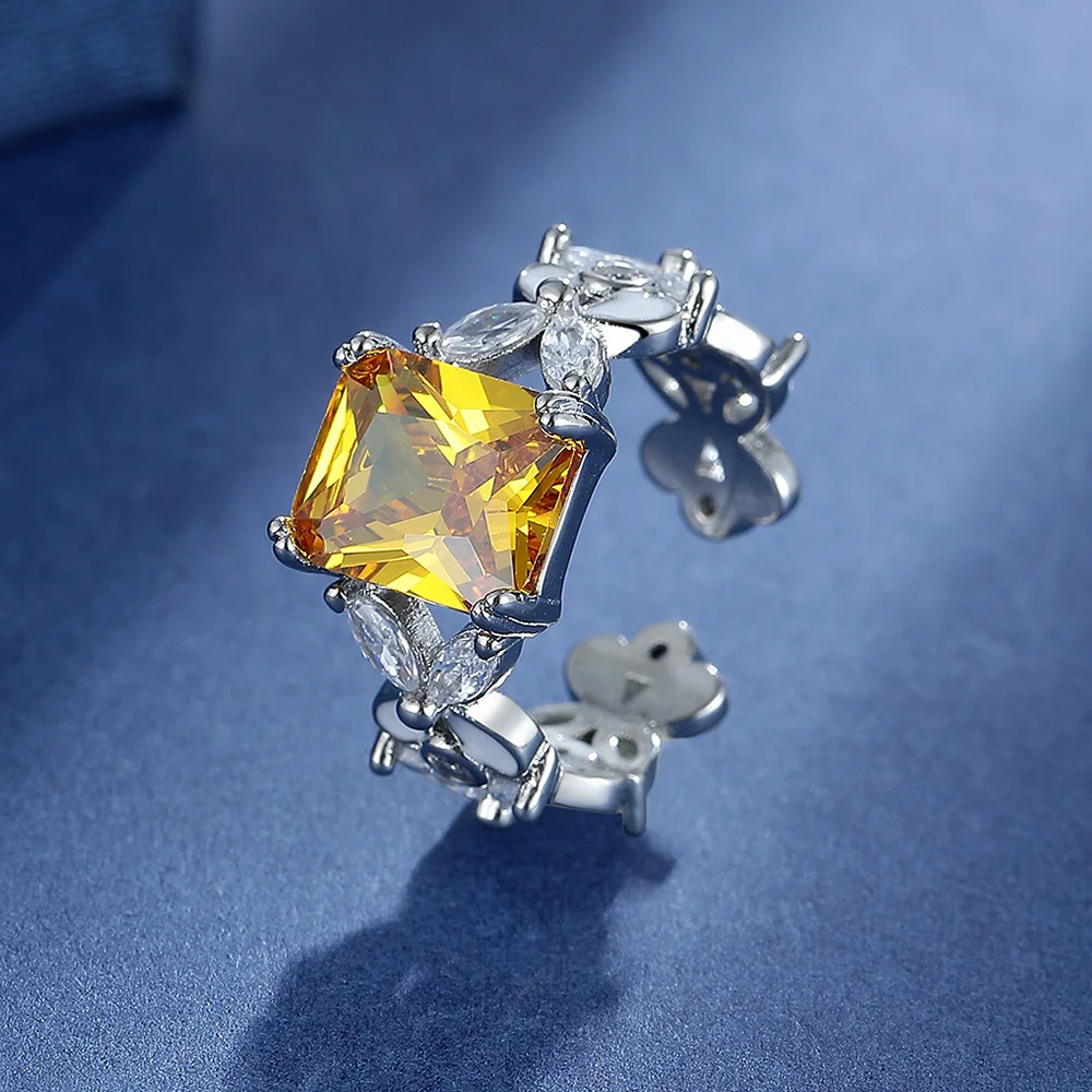 

Emerald Cut Natural Yellow Citrine 925 Sterling Silver Stackable Butterfly Flower Opening Ring for Women Gemstone Jewelry Gift