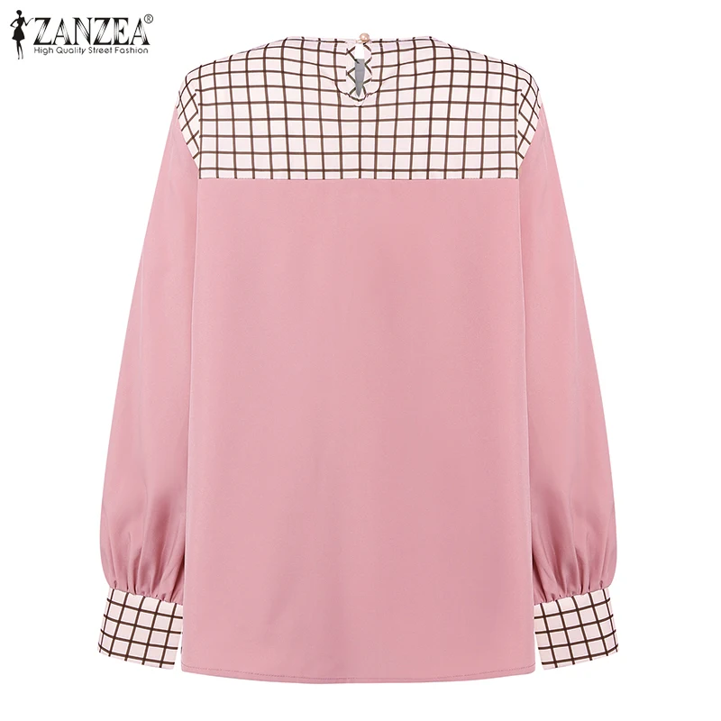 2026ZANZEA Frauen O Hals Langarm Tops Herbst Bluse Frühling Elegante Gefaltete Arbeit Hemd Patchwork Blusas Mujer Pullover Femme