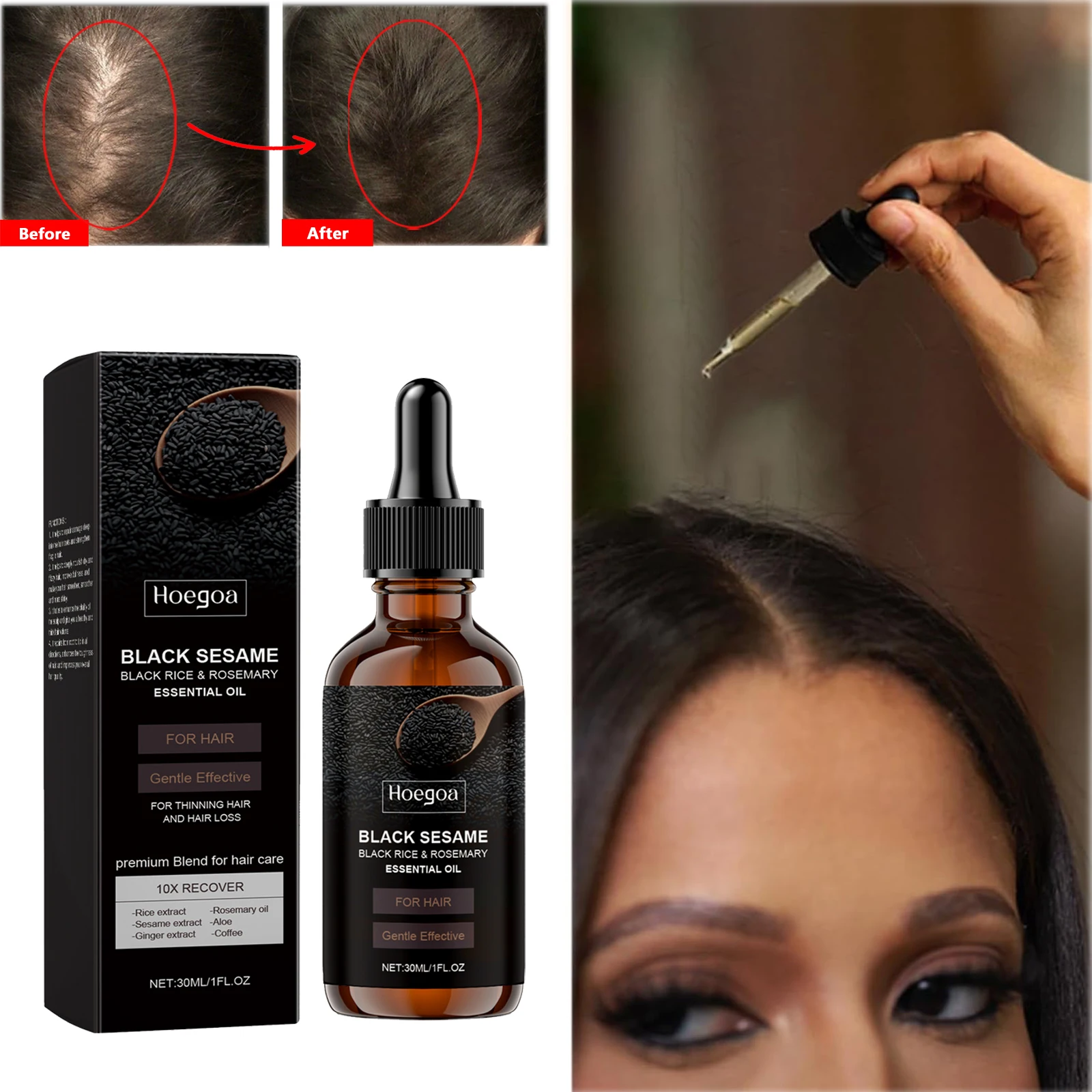 El aceite esencial de sésamo negro nutre el cabello seco y áspero mejora la embotamiento aumenta el engrosamiento repara la humedad previene la caída del cabello