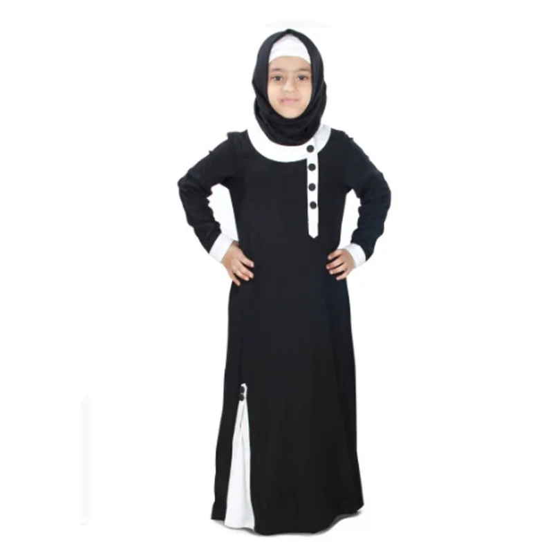 

Girls' Long Dress Muslim Headscarf Arab Children's Islamic Abaya Long Shirt Black Dress Set European and American Fashion Trend